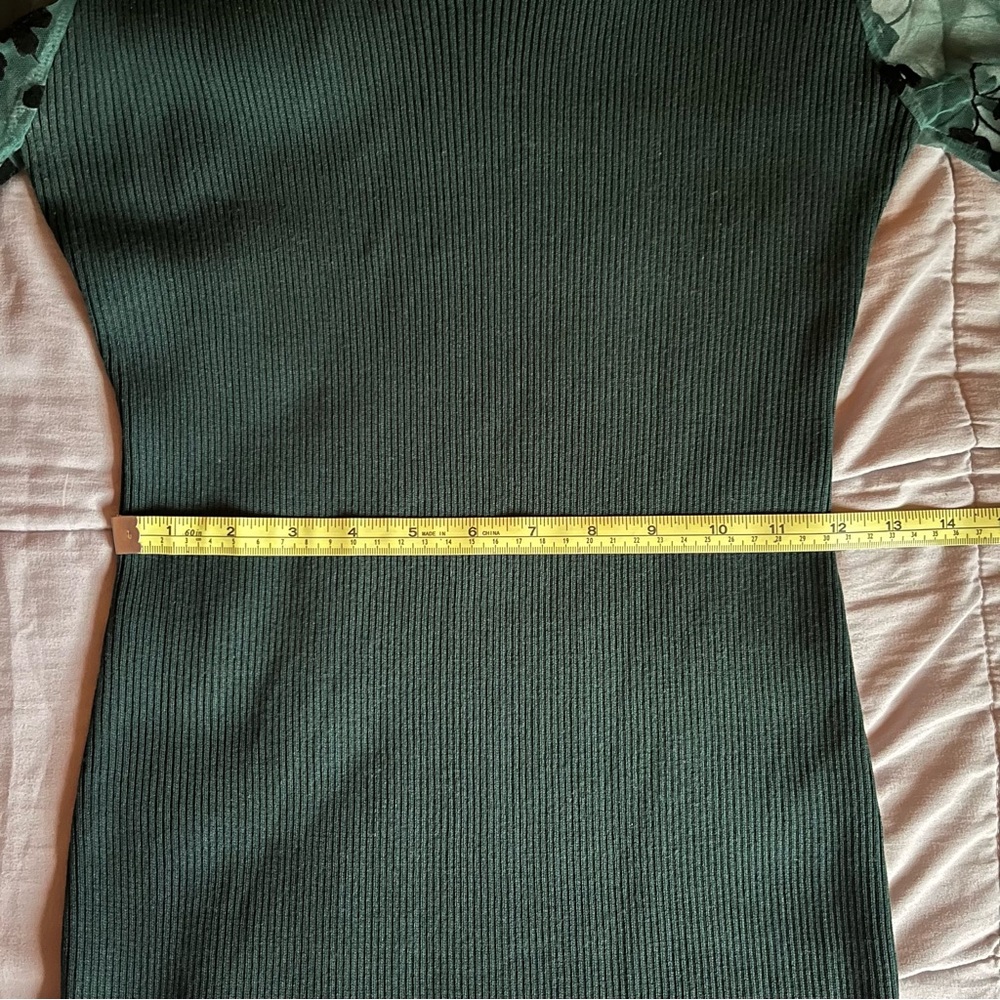 🎉HP🎉 Almost Famous Green Sweater Dress Organza Long Sleeve with Black Flowers - Picture 6 of 10